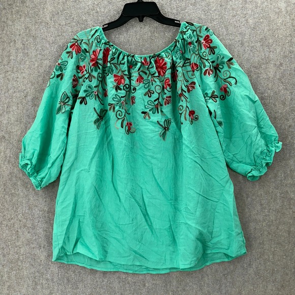 Kindred Turquoise Embroidered Floral Dragonflies Scoop Neck Blouse Top 2X - Picture 2 of 8